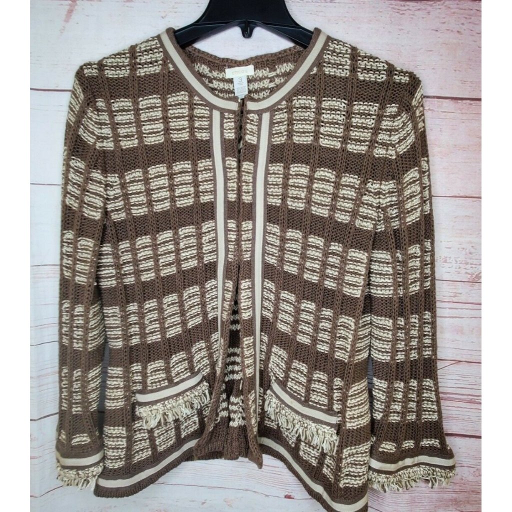 Chicos Women's Fringe Ribbed Knit Cardigan Sweater Size 3 Designer Sleeve Pocket